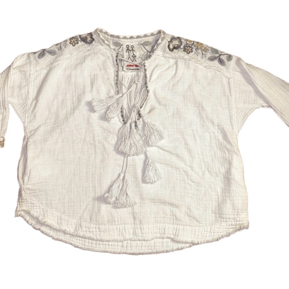 Johnny Was ~ Small ~ White W/Silver & Gray Floral Embroidery Triple Tassel Top - Picture 2 of 16